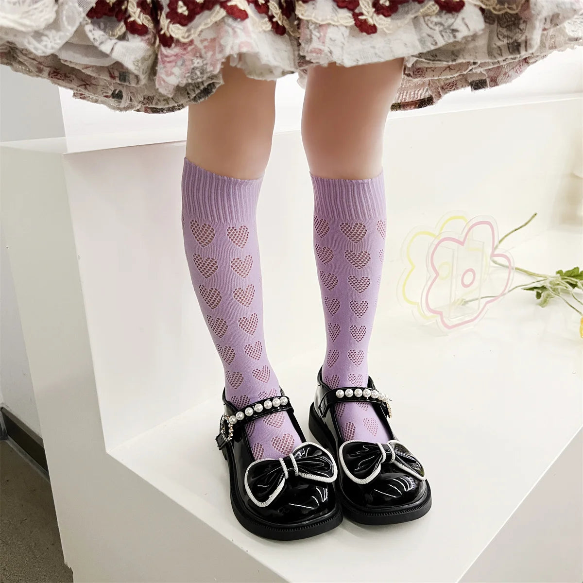 1/4 pairs of girls' dopamine heart hollow mesh straight socks, lightweight breathable heart mesh socks, women's long tube