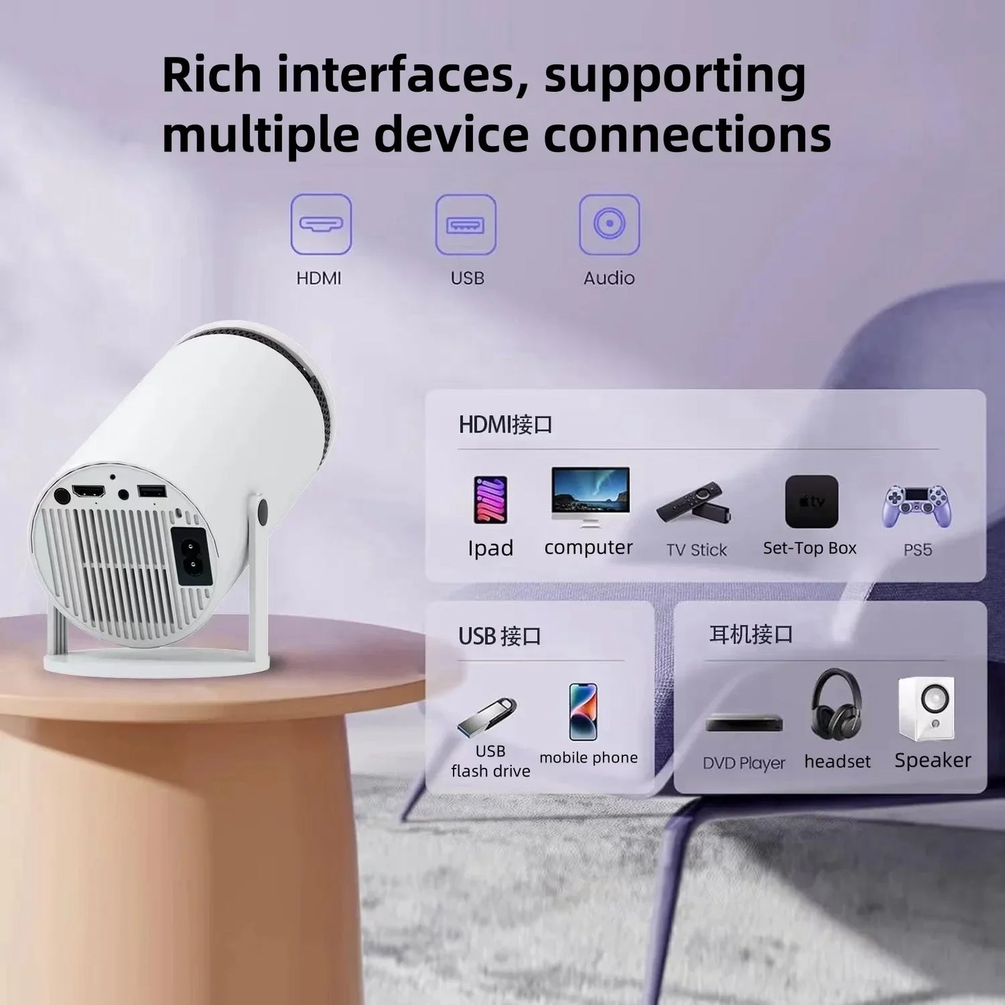Salange-P30 Projetor LED de Home Theater, Estilo Livre, HDMI, USB, Adequado para Samsung, Xiaomi, IOS, Telefone Android, 720P, E