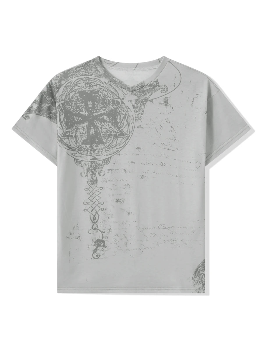 y2k Grunge Crop Top Women Summer Gothic Star Print Round Neck Short Sleeve T Shirt 2000s Cybercore Clothes Streetwear