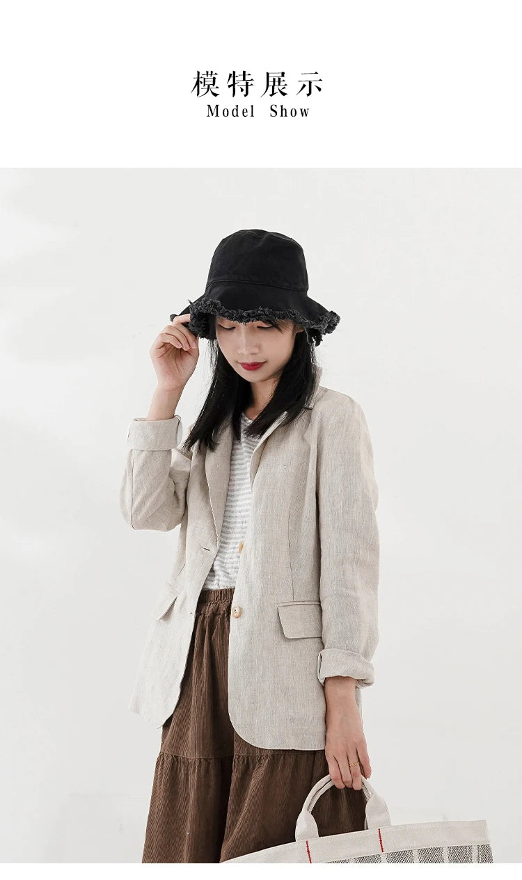 100% Linen Women Blazer Casual Notched Collar Long Sleeve Singgle Breasted Office Lady Outerwear Stylish Tops Retro Coat