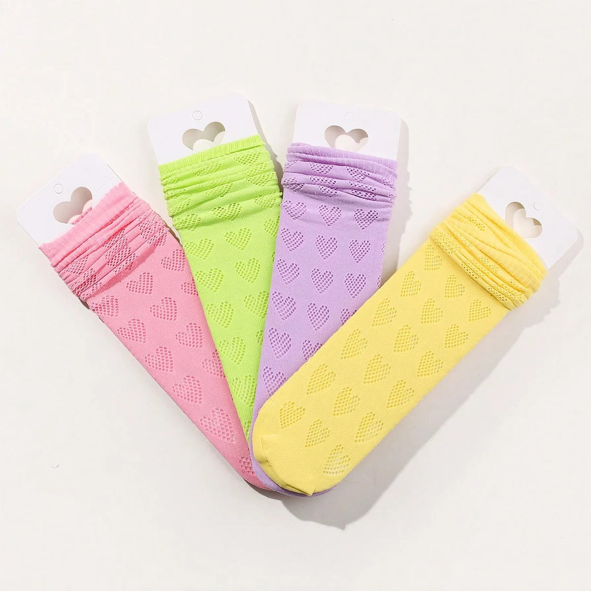 1/4 pairs of girls' dopamine heart hollow mesh straight socks, lightweight breathable heart mesh socks, women's long tube