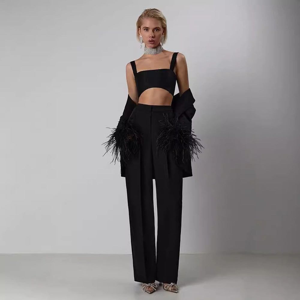 Women's Tatting Cardigan Black Suit Set