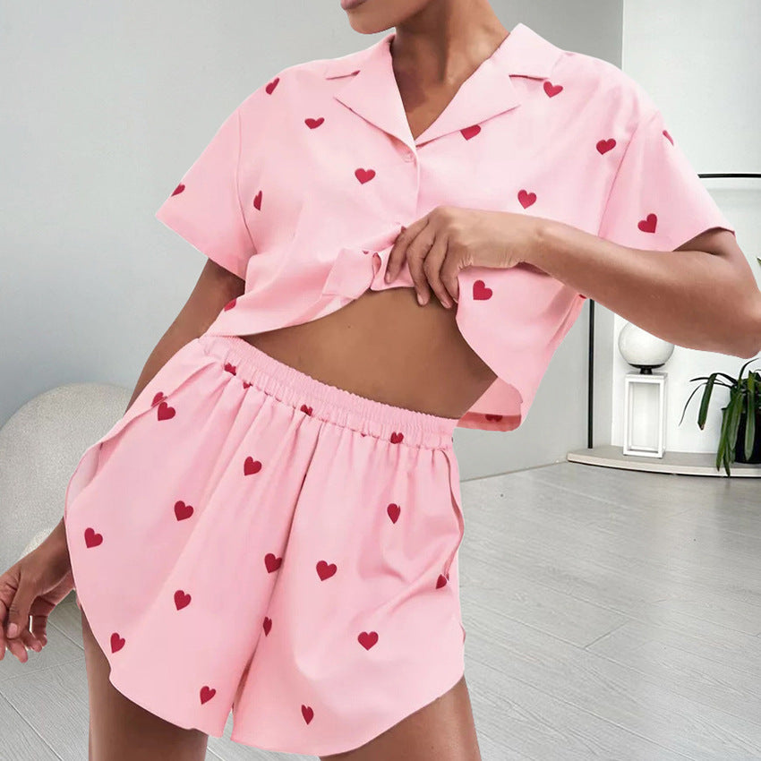 Women's Silk-like Heart Printing Pajamas Two-piece Set