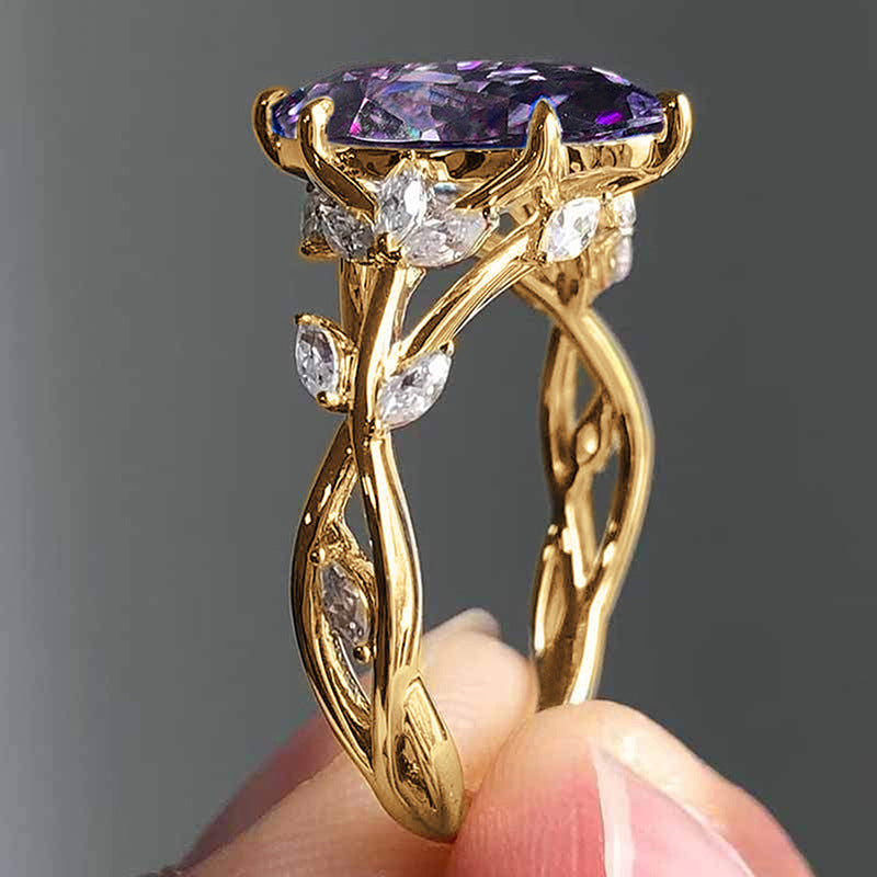 Zircon Ring Female Court Leaf Vine Design