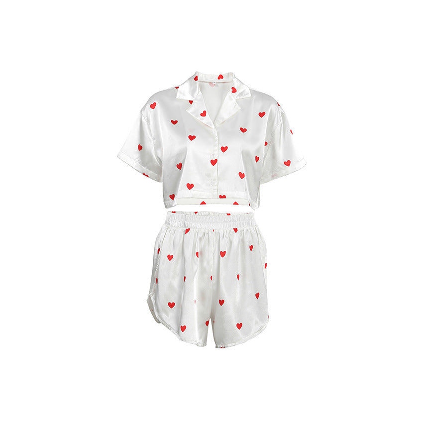 Women's Silk-like Heart Printing Pajamas Two-piece Set