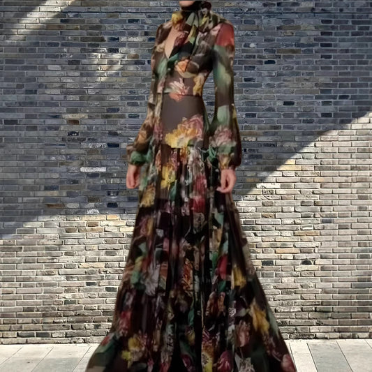 Lantern Long Sleeve Dress Fitted Waist Pleated Printed Dress