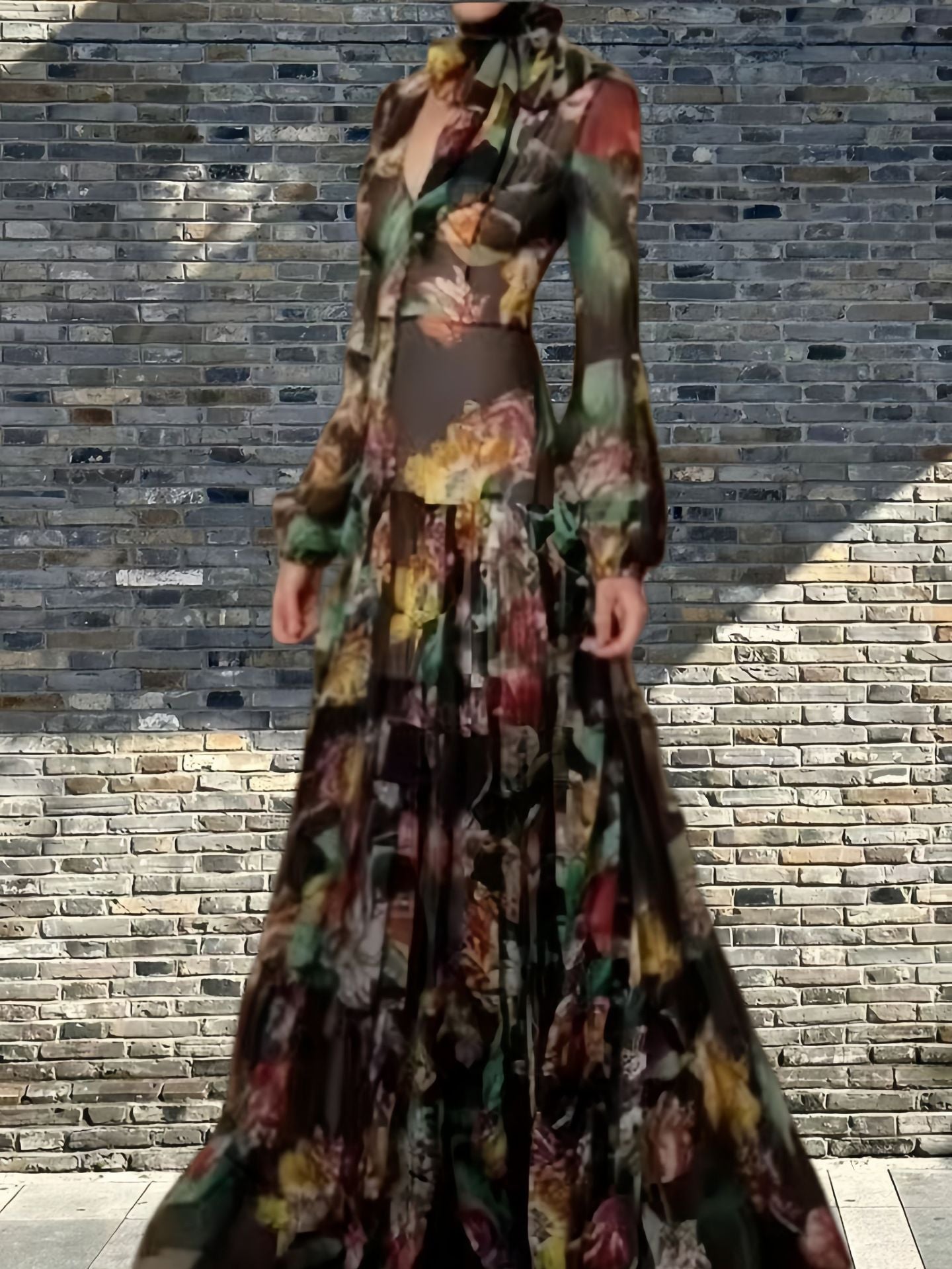 Lantern Long Sleeve Dress Fitted Waist Pleated Printed Dress