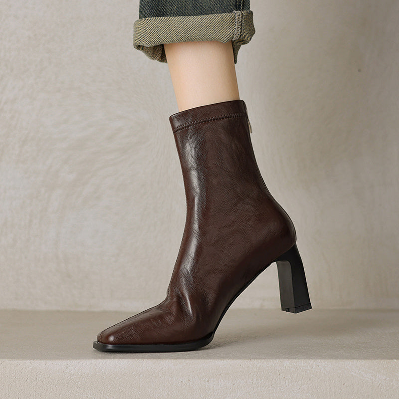 Women's Vintage Square Elastic Ankle Boots With Chunky Heels
