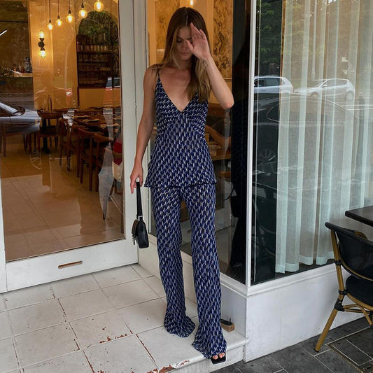 Sleeveless V-neck Strap Top Wide Leg Pants Two-piece Set