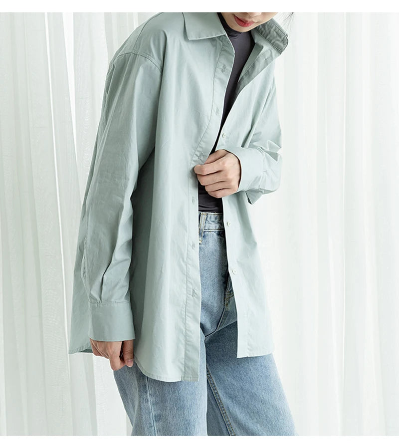100% Cotton Women's Shirt 2024 Autumn New Solid Color Button Turn-Down Collar Long-Sleeved Casual Loose Ladies OL Shirts