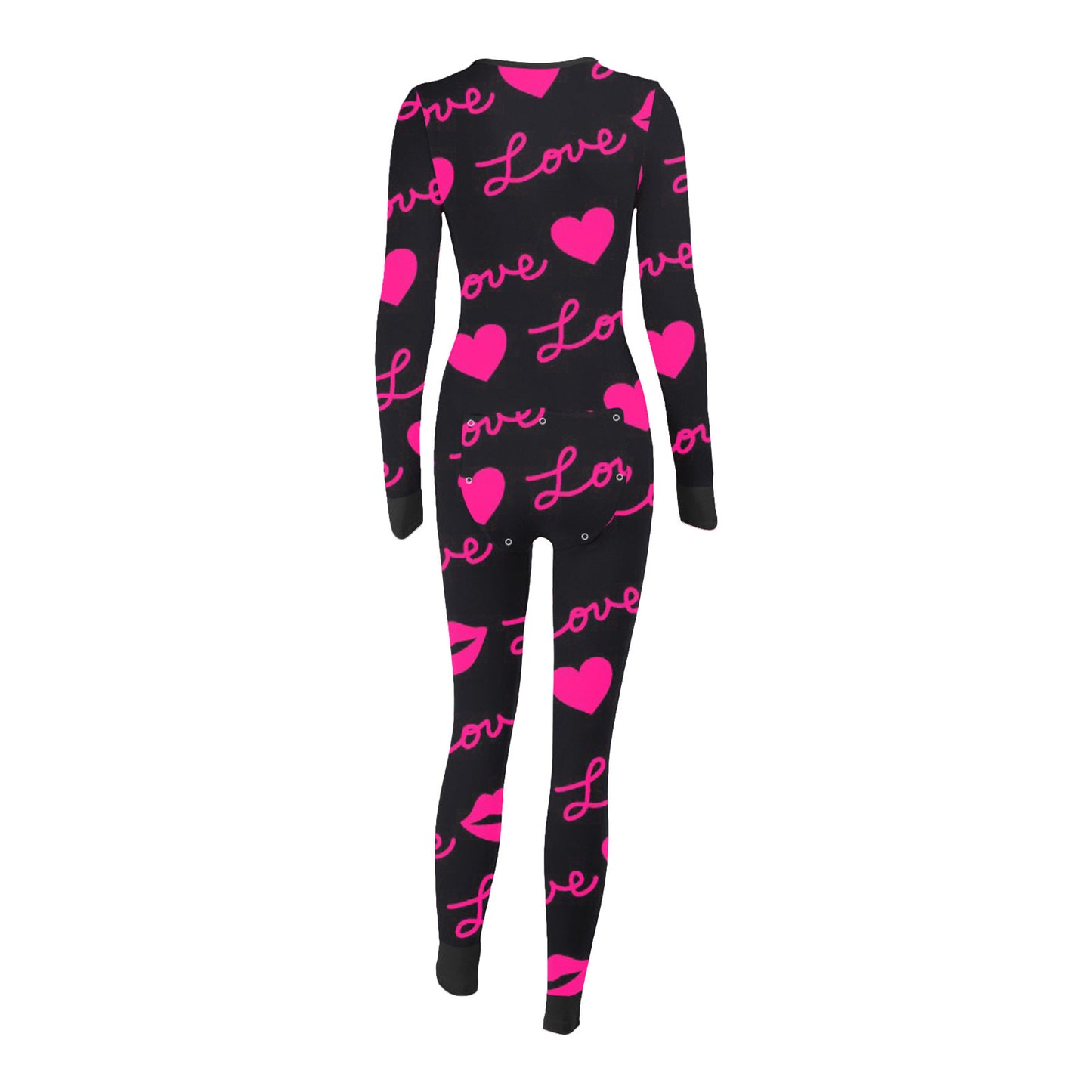 Love Letter Print Onesies With Butt Flap For Adults Valentine Sexy Sleepwear Romper Women's Jumpsuit Open Butt Pajamas Nightwear