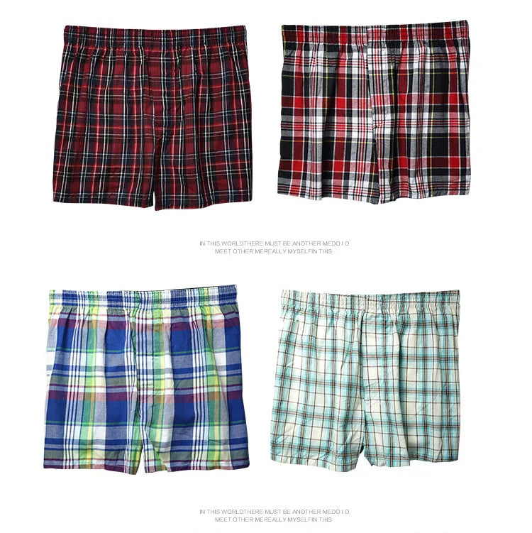 100% Cotton 4 Pcs Men's panties Underwear male Boxers Shorts Casual Sleep Underpants Plaid Loose Comfortable Homewear Striped