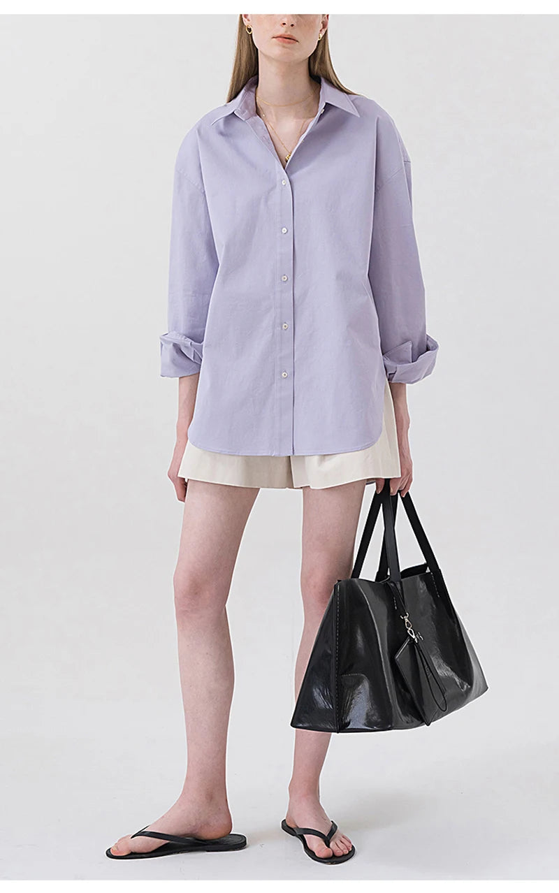 100% Cotton Women's Shirt 2024 Autumn New Solid Color Button Turn-Down Collar Long-Sleeved Casual Loose Ladies OL Shirts