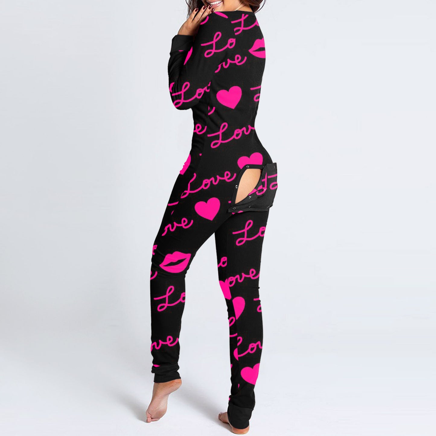 Love Letter Print Onesies With Butt Flap For Adults Valentine Sexy Sleepwear Romper Women's Jumpsuit Open Butt Pajamas Nightwear