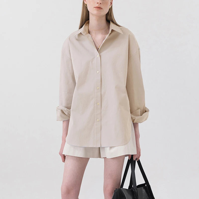 100% Cotton Women's Shirt 2024 Autumn New Solid Color Button Turn-Down Collar Long-Sleeved Casual Loose Ladies OL Shirts