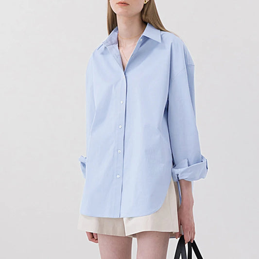 100% Cotton Women's Shirt 2024 Autumn New Solid Color Button Turn-Down Collar Long-Sleeved Casual Loose Ladies OL Shirts