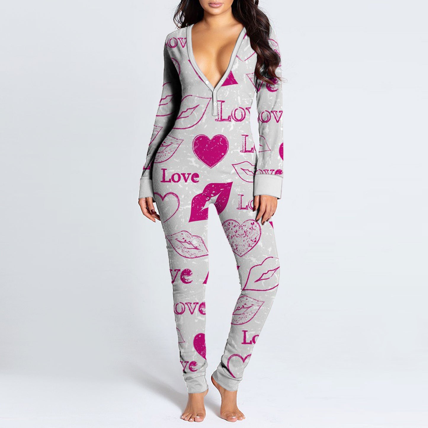 Love Letter Print Onesies With Butt Flap For Adults Valentine Sexy Sleepwear Romper Women's Jumpsuit Open Butt Pajamas Nightwear