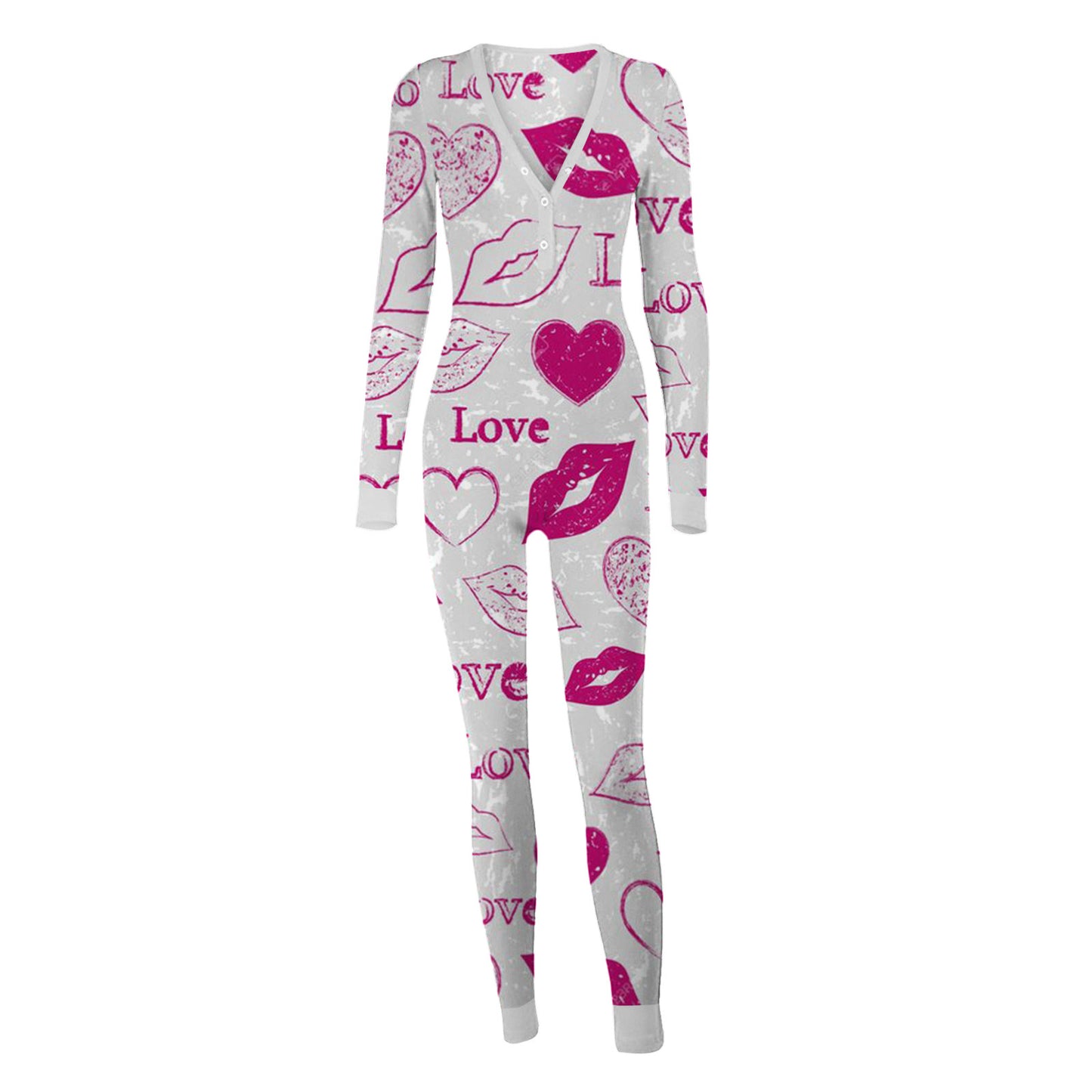 Love Letter Print Onesies With Butt Flap For Adults Valentine Sexy Sleepwear Romper Women's Jumpsuit Open Butt Pajamas Nightwear