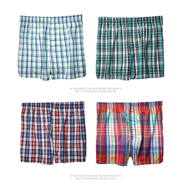 100% Cotton 4 Pcs Men's panties Underwear male Boxers Shorts Casual Sleep Underpants Plaid Loose Comfortable Homewear Striped