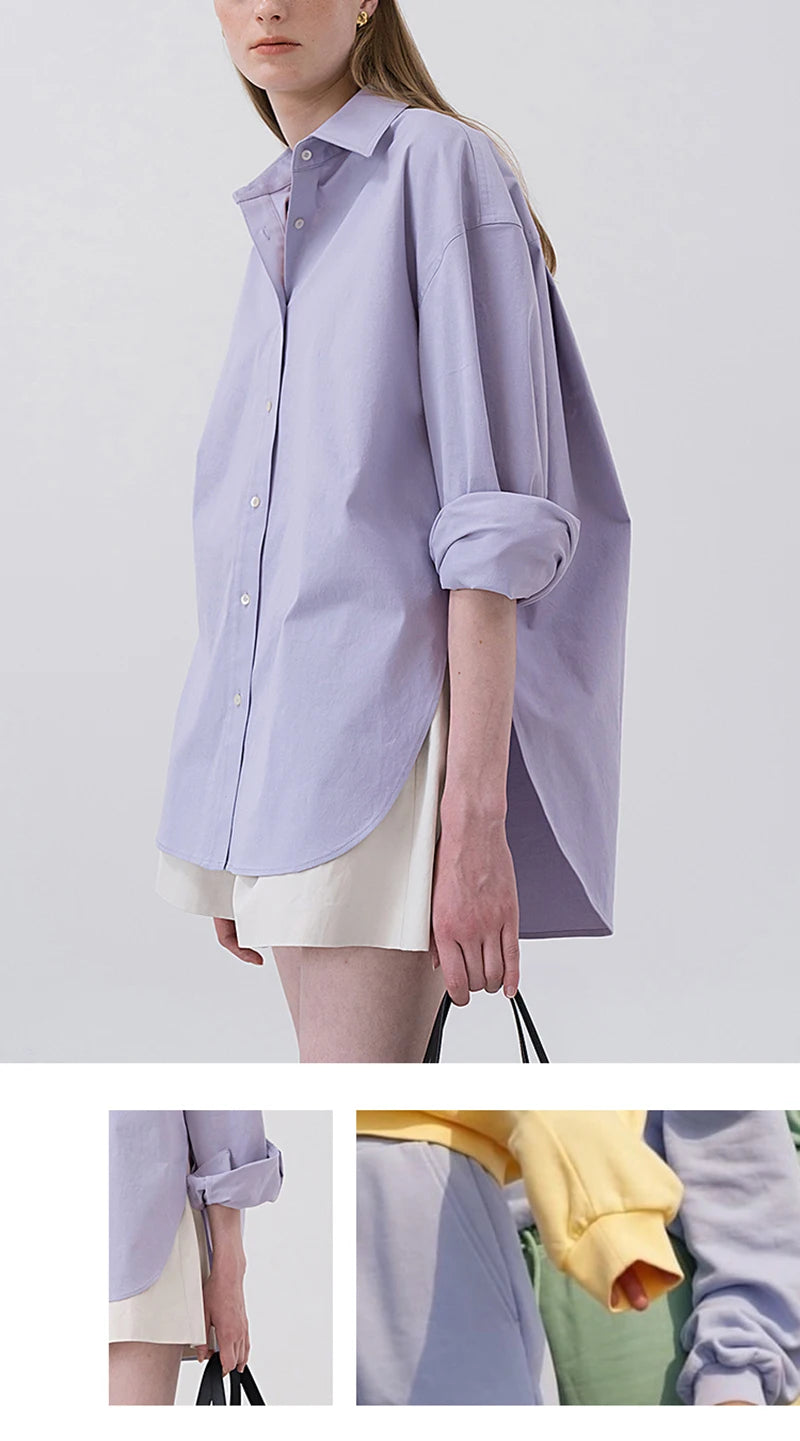 100% Cotton Women's Shirt 2024 Autumn New Solid Color Button Turn-Down Collar Long-Sleeved Casual Loose Ladies OL Shirts