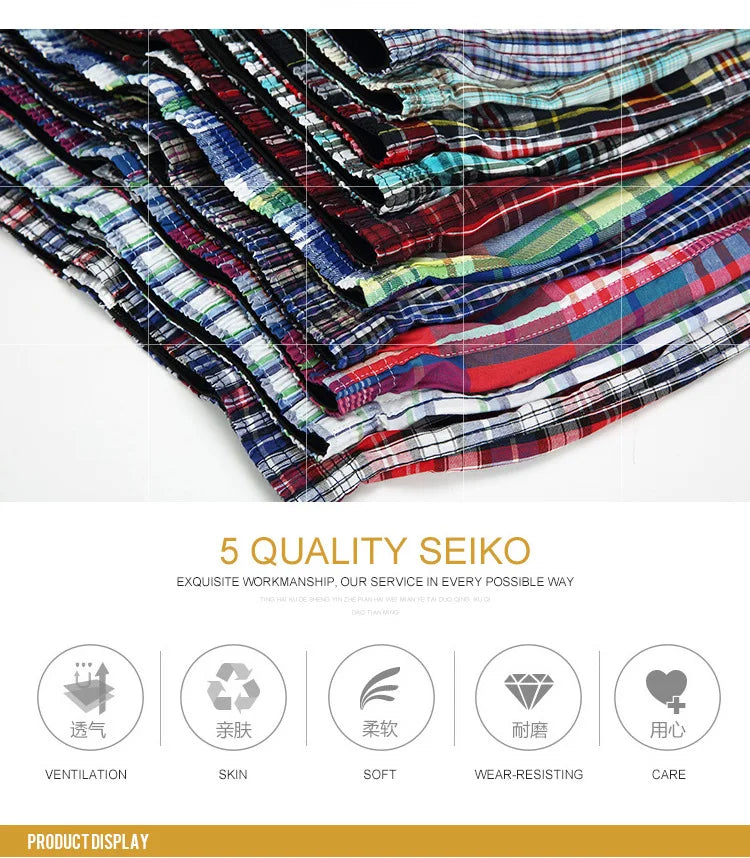 100% Cotton 4 Pcs Men's panties Underwear male Boxers Shorts Casual Sleep Underpants Plaid Loose Comfortable Homewear Striped