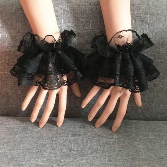 Steampunk Lolita Hand Sleeve Wrist Cuffs Ruffled Floral Lace Elastic Bracelet XX9D