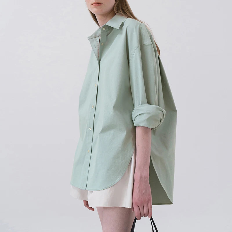 100% Cotton Women's Shirt 2024 Autumn New Solid Color Button Turn-Down Collar Long-Sleeved Casual Loose Ladies OL Shirts