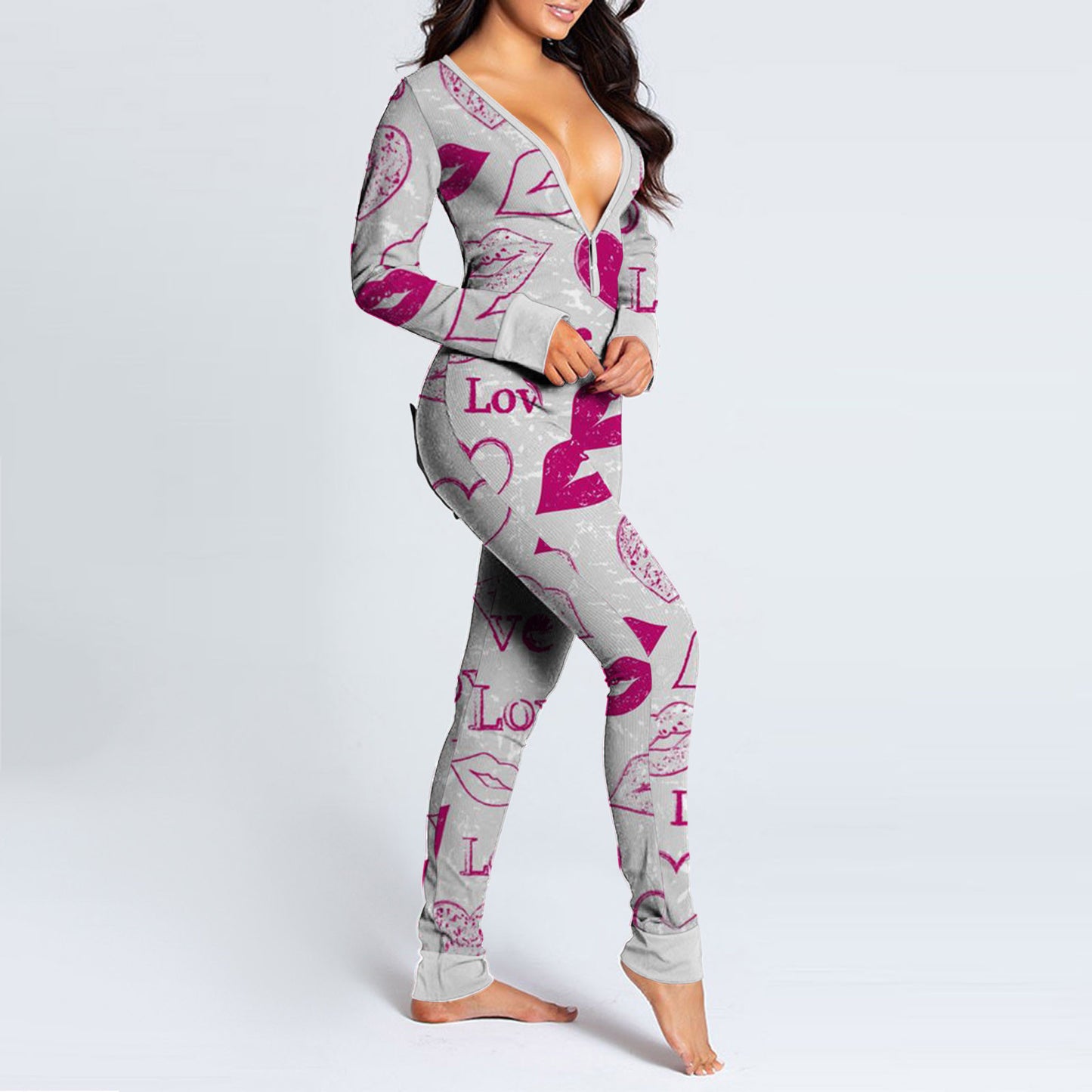 Love Letter Print Onesies With Butt Flap For Adults Valentine Sexy Sleepwear Romper Women's Jumpsuit Open Butt Pajamas Nightwear