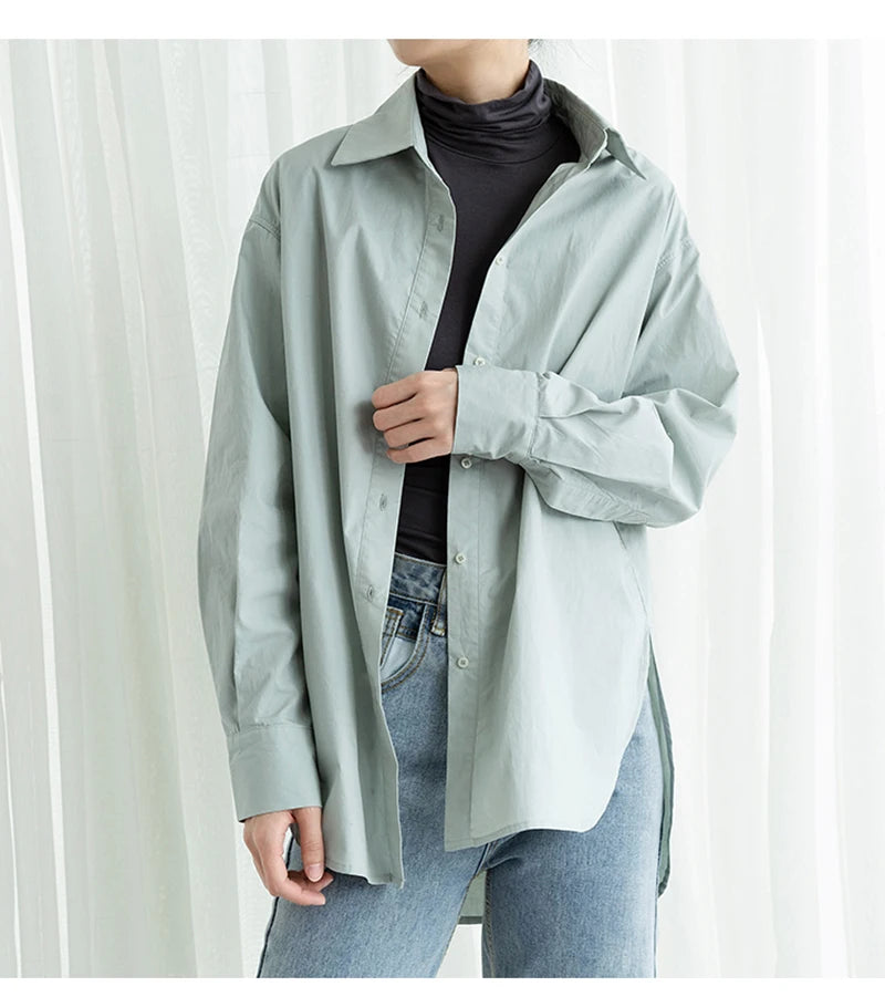 100% Cotton Women's Shirt 2024 Autumn New Solid Color Button Turn-Down Collar Long-Sleeved Casual Loose Ladies OL Shirts