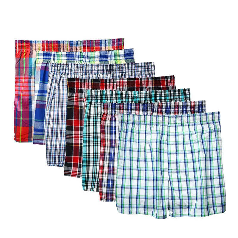 100% Cotton 4 Pcs Men's panties Underwear male Boxers Shorts Casual Sleep Underpants Plaid Loose Comfortable Homewear Striped