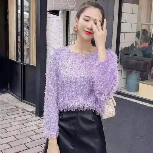 Pullover Tassel Top Loose Round Neck Long Sleeve Bottoming Shirt
