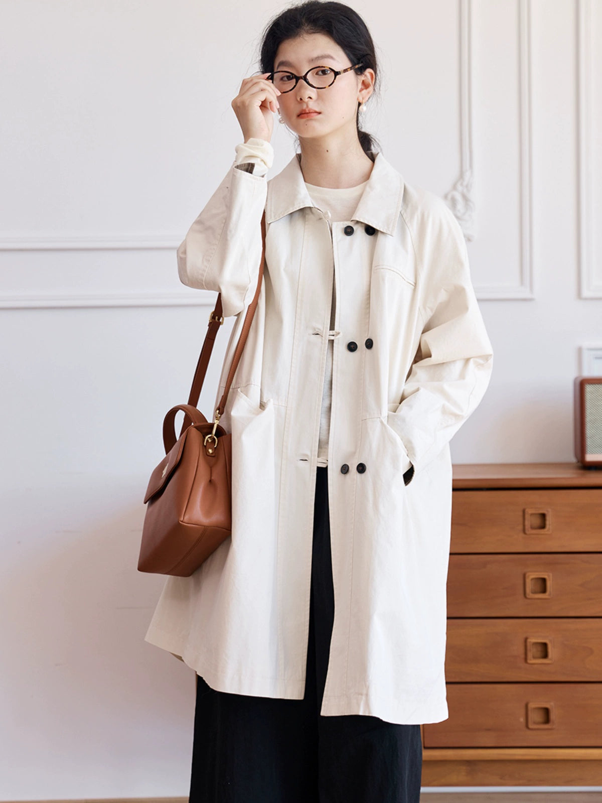 Zimo Cotton High Twill Colorblock Mid-Length Trench Coat