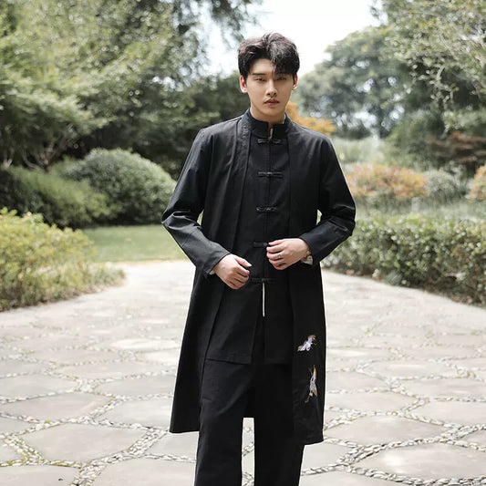 Xingzhi Chinese Style Men's Clothing Ancient Style Han Chinese Clothing Long Trench Coat Men Tang Suit Cotton Linen Cloak Buckle Robe Overcoat outside