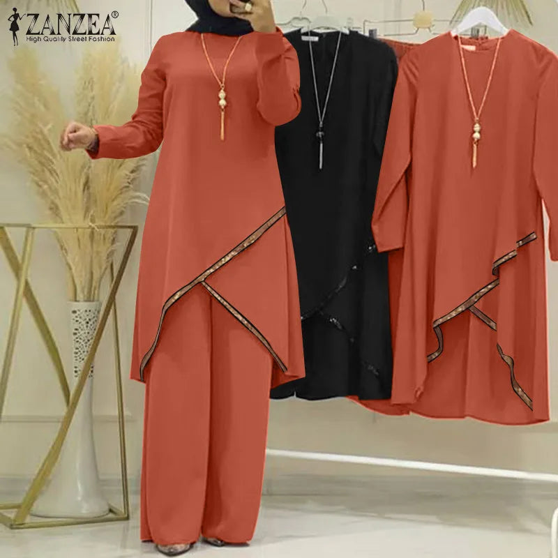 ZANZEA Fashion Tracksuit Muslim Women Long Sleeve Blouse Abaya Suits Sequins Islamic Clothing Loose Matching Sets 2PCS