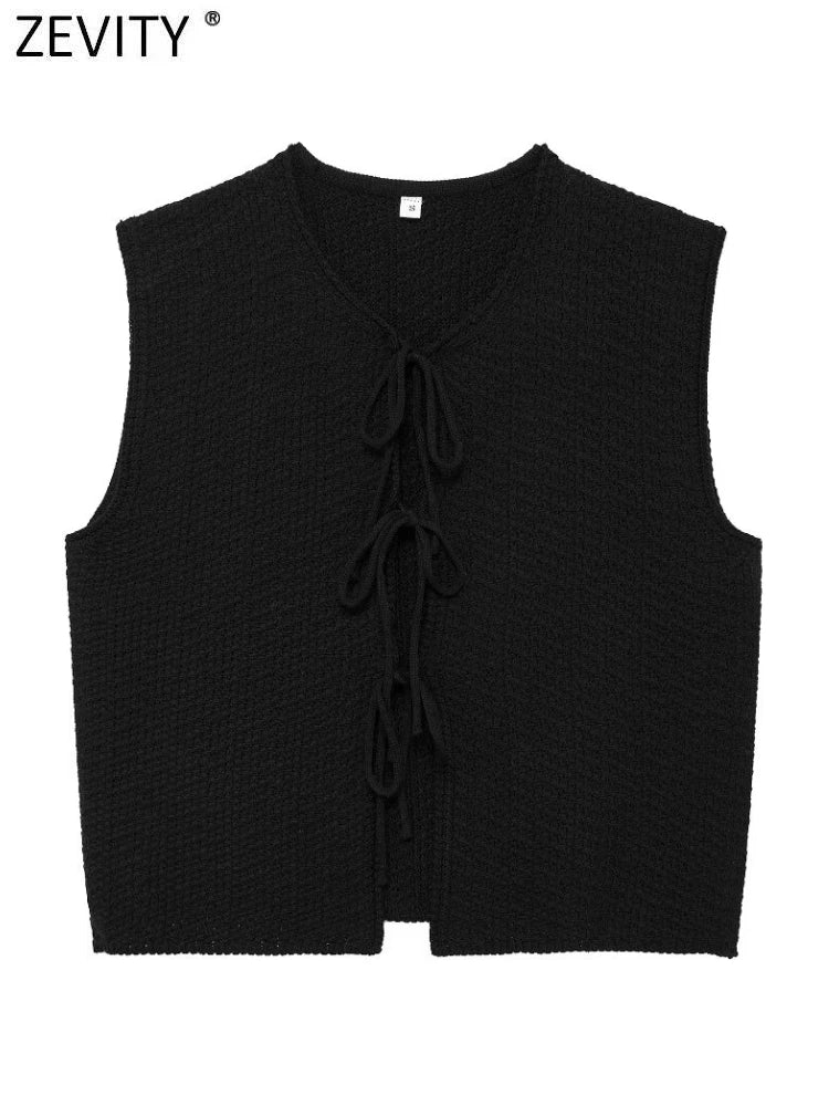 Zevity Women Euro Style V Neck Solid Sleeveless Bow Short Vest Jacket Ladies Retro Knitting Cardigan Slim WaistCoat Tops CT6203