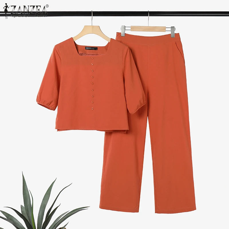 ZANZEA Elegant Women Fashion Puff Sleeve Pant Sets 2PCS Solid OL Work Trousers Suits Tracksuit 2023 Summer Matching Sets