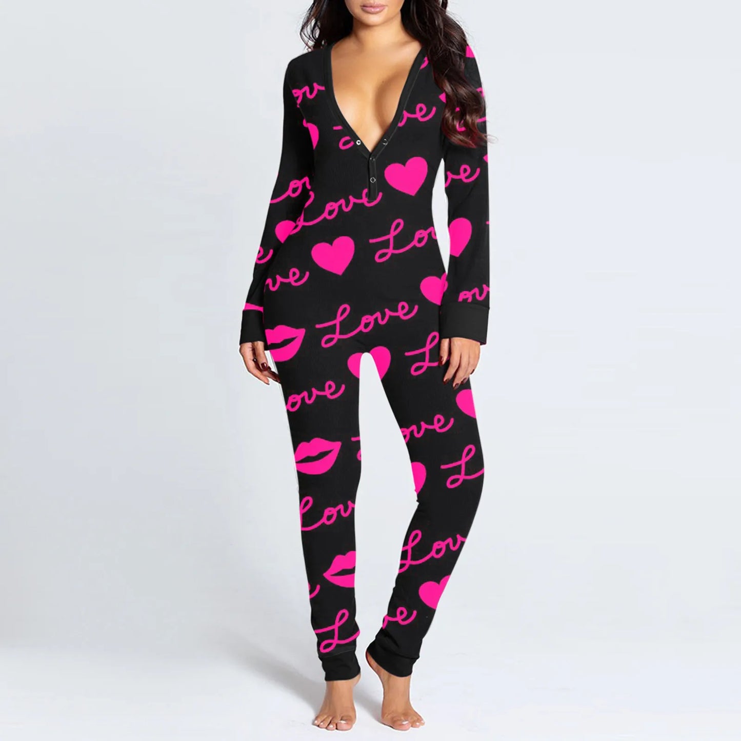 Love Letter Print Onesies With Butt Flap For Adults Valentine Sexy Sleepwear Romper Women's Jumpsuit Open Butt Pajamas Nightwear