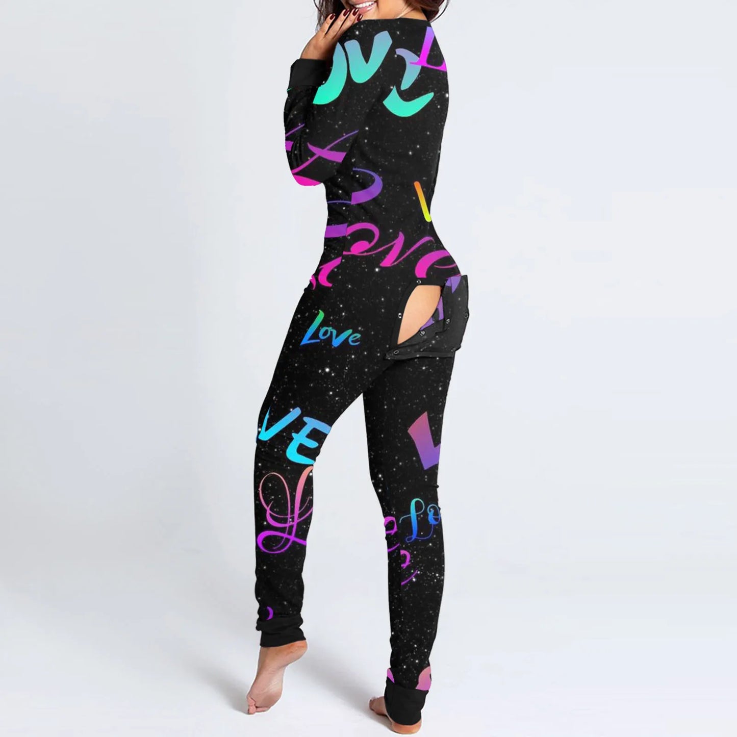 Love Letter Print Onesies With Butt Flap For Adults Valentine Sexy Sleepwear Romper Women's Jumpsuit Open Butt Pajamas Nightwear