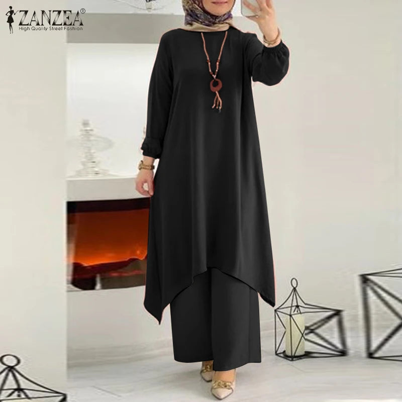 ZANZEA Fashion Tracksuit Muslim Women Long Sleeve Blouse Abaya Suits Sequins Islamic Clothing Loose Matching Sets 2PCS