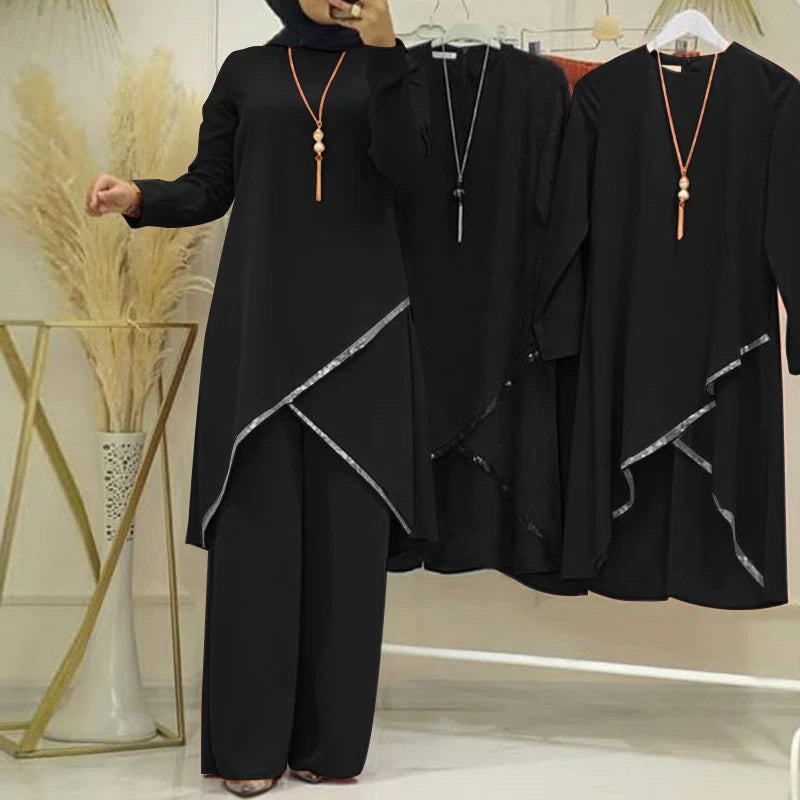 ZANZEA Fashion Tracksuit Muslim Women Long Sleeve Blouse Abaya Suits Sequins Islamic Clothing Loose Matching Sets 2PCS