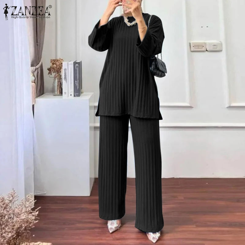 ZANZEA Women Muslim Matching Sets Autumn 2PCS Long Sleeve Blouse Wide Leg Pants Sets Fashion Tracksuit Winter Outifits Oversize