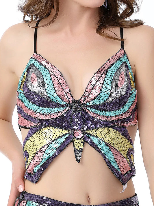 Women's Shimmer Sequin Crop Top Low-Cut Tube Top Sexy Butterfly Lace-up Tank Vest Top Rave Halloween Clubwear Camis