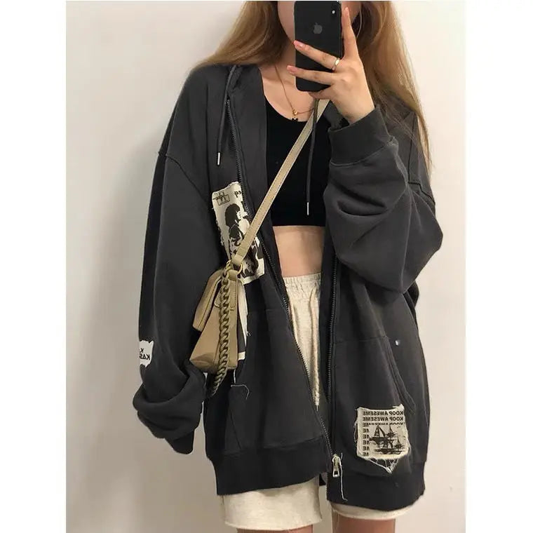 Zip Up Hoodie Grunge Aesthetic Clothes Oversized Sweatshirt with Zipper Vintage Y2k Tops Kawaii Coat Spring Autumn Streetwear