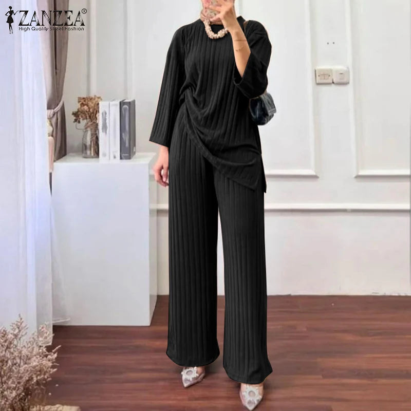 ZANZEA Women Muslim Matching Sets Autumn 2PCS Long Sleeve Blouse Wide Leg Pants Sets Fashion Tracksuit Winter Outifits Oversize