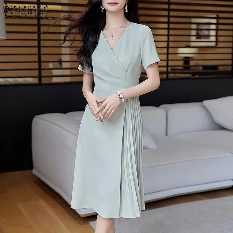 ZANZEA Elegant V Neck Party Dresses 2024 Summer Women Korean Fashion Solid Color Vestidos Short Sleeve Pleated Draped Midi Dress