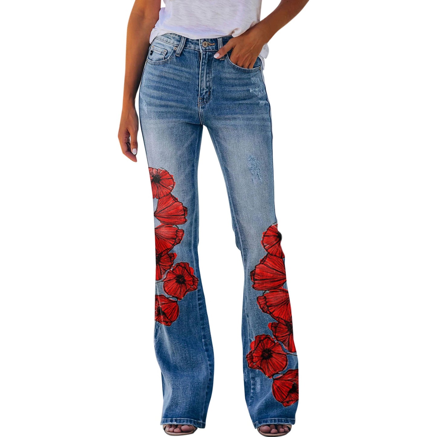 Y2K Ladies Retro Flared Pants Baggy Jeans Women Floral Printed Slim-Fit Denim Trousers Pantalones Streetwear джинсы женский