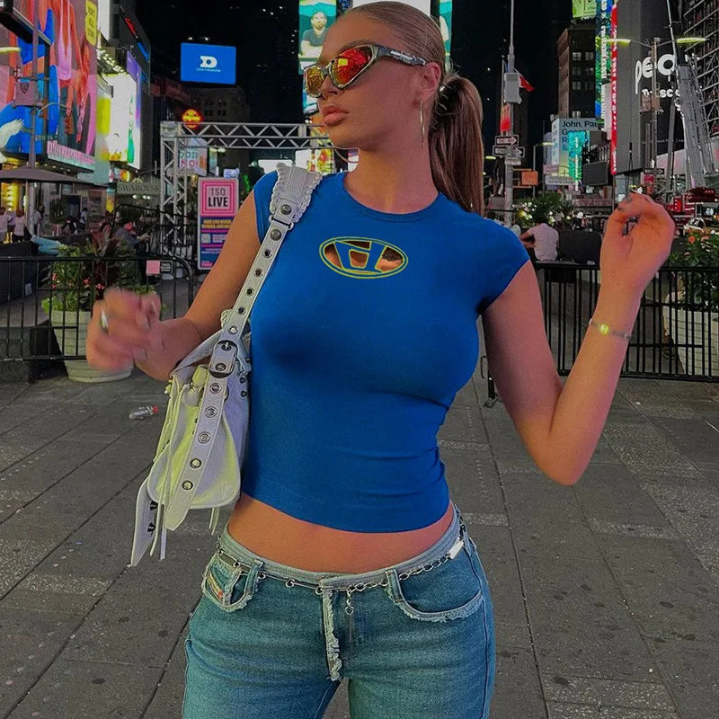 Y2k Top Shirts for Women Fashion Street Spice Girl Slim Show Chest D Embroidery Crop Short Open Umbilical Versatile Top