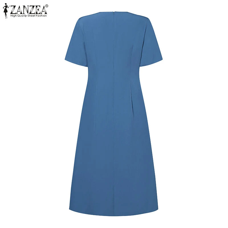 ZANZEA Elegant V Neck Party Dresses 2024 Summer Women Korean Fashion Solid Color Vestidos Short Sleeve Pleated Draped Midi Dress