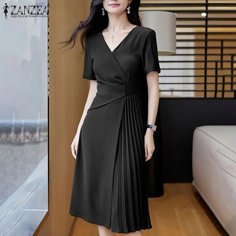 ZANZEA Elegant V Neck Party Dresses 2024 Summer Women Korean Fashion Solid Color Vestidos Short Sleeve Pleated Draped Midi Dress