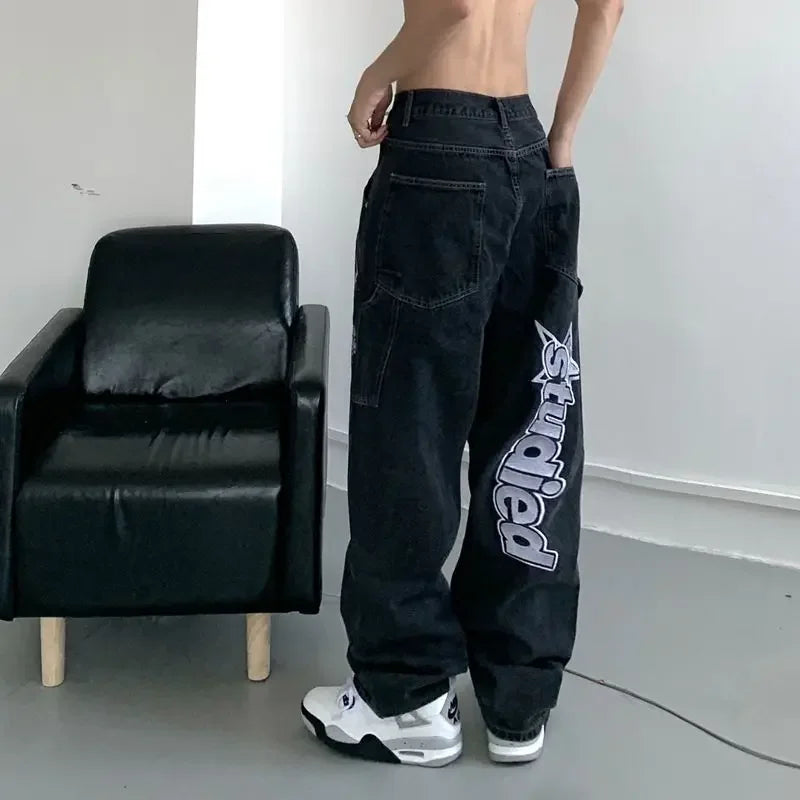 Y2K Women Fashion Streetwear Casual Letter Print Straight Wide Leg Pants Baggy Denim Trousers Men Low Rise Jeans Clothes